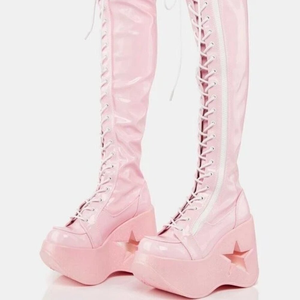 Demonia THE " DYNAMITE PINKY " 300 Knee High Boots Thigh High (Brand new)